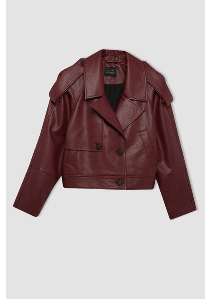 Oversize Geniş Kalıp Smokin Yaka Apoletli Suni Deri Ceket Mont D3753AX24AU