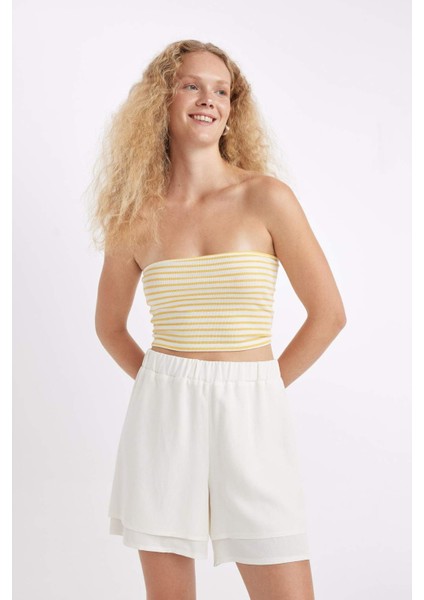 Regular Fit Normal Bel Kısa Paça Keten Karışımlı Beyaz Şort D3989AX24HS