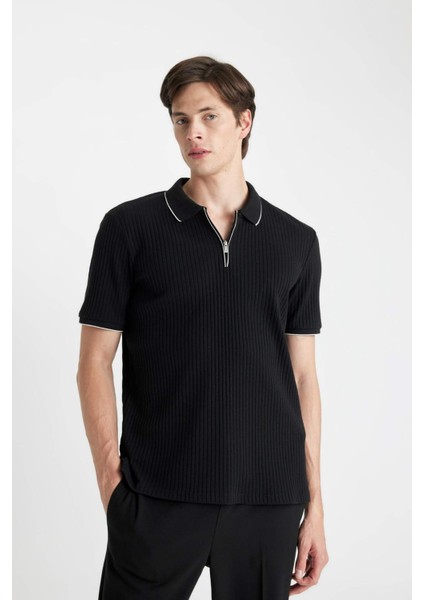 Slim Fit Dar Kesim Polo Yaka Kısa Kollu Fitilli Kaşkorse Yarım Fermuarlı Siyah Tişört D3948AX24SM