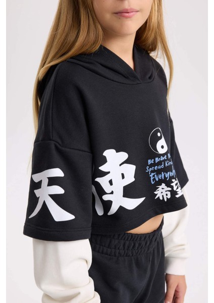 Kız Çocuk 2'li Takım Baskılı Sweatshirt Beli Lastikli Eşofman Altı