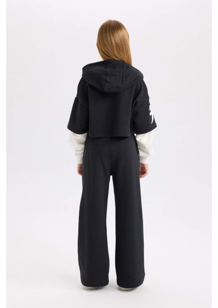 Kız Çocuk 2'li Takım Baskılı Sweatshirt Beli Lastikli Eşofman Altı