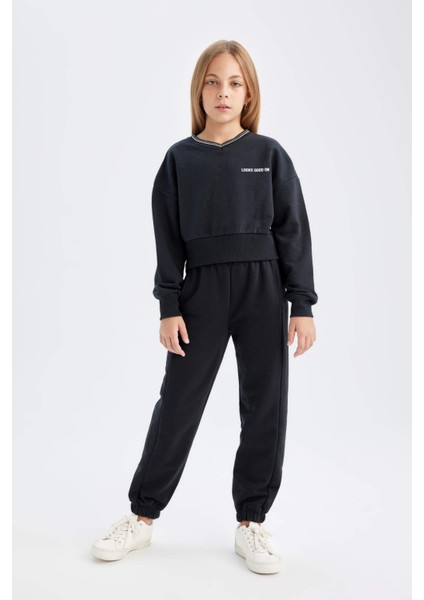 Kız Çocuk 2'li Takım Baskılı Sweatshirt Beli Lastikli Eşofman Altı D4054A824WN