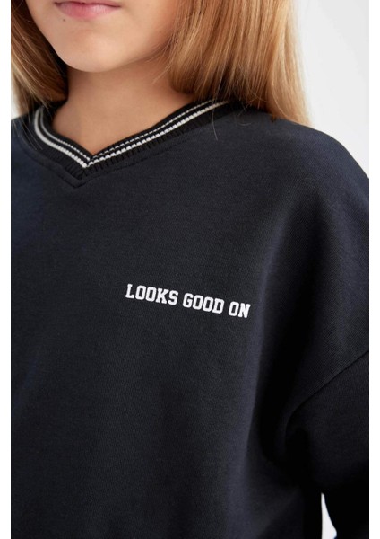 Kız Çocuk 2'li Takım Baskılı Sweatshirt Beli Lastikli Eşofman Altı D4054A824WN