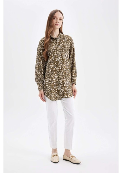Regular Fit Gömlek Yaka Leopar Desenli Uzun Kollu Gömlek Tunik D4097AX24AU