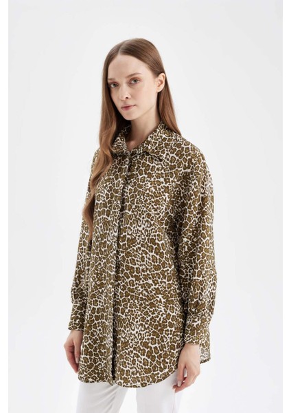Regular Fit Gömlek Yaka Leopar Desenli Uzun Kollu Gömlek Tunik D4097AX24AU