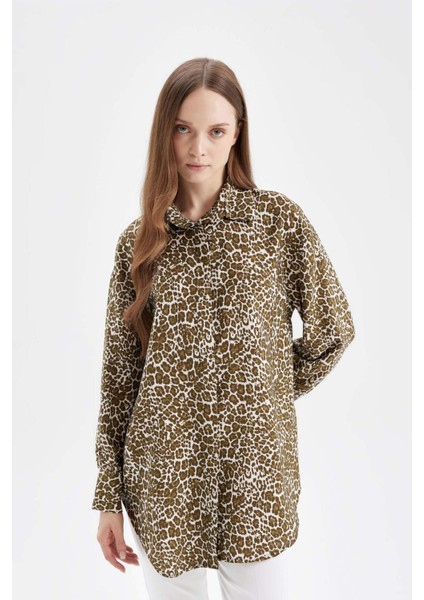 Regular Fit Gömlek Yaka Leopar Desenli Uzun Kollu Gömlek Tunik D4097AX24AU