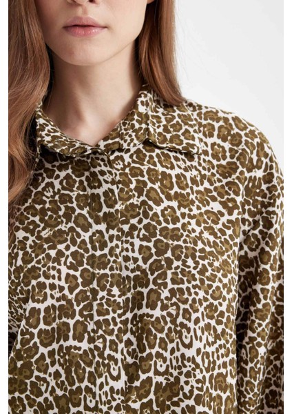 Regular Fit Gömlek Yaka Leopar Desenli Uzun Kollu Gömlek Tunik D4097AX24AU