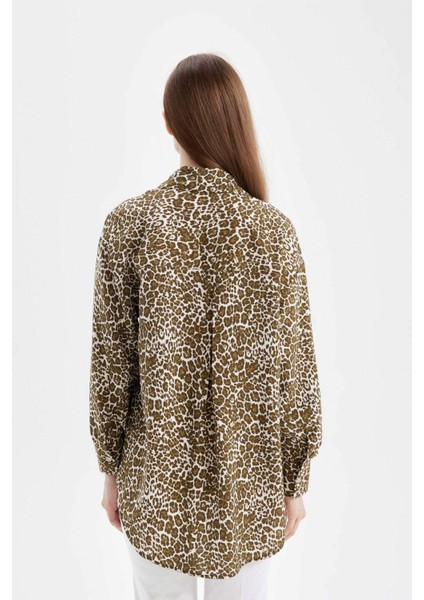 Regular Fit Gömlek Yaka Leopar Desenli Uzun Kollu Gömlek Tunik D4097AX24AU