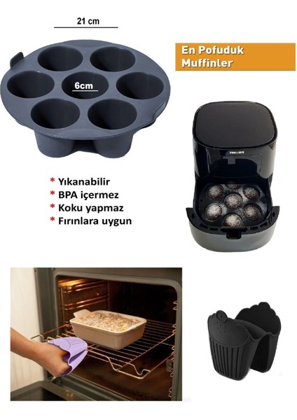 2'li Set Airfryer 7 Gözlü Silikon Mini Muffin Yapışmaz Cupcake, Brownies, Pasta Kek Kalıbı