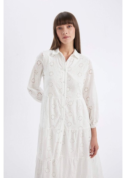 Gömlek Yaka Vual Brode Yarım Kol Maxi Beyaz Elbise