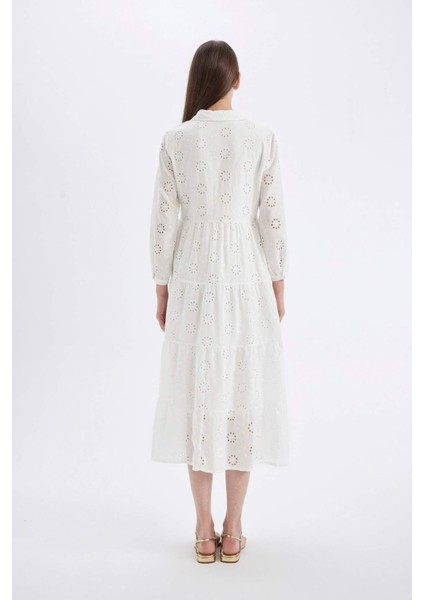 Gömlek Yaka Vual Brode Yarım Kol Maxi Beyaz Elbise