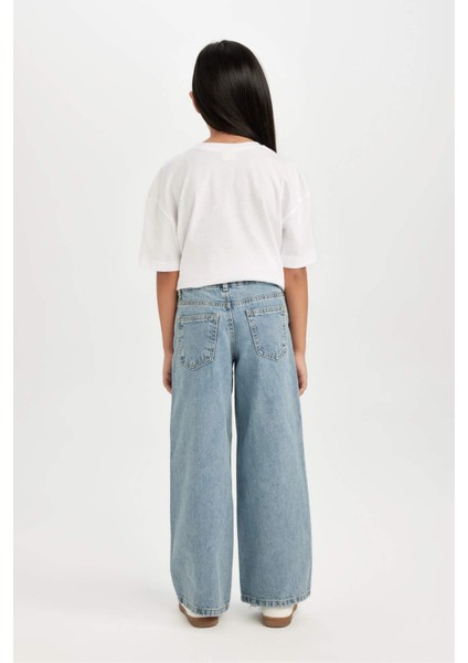 Kız Çocuk Wide Leg Jean Pantolon Yırtık Detaylı Cepli Geniş Bol Paça D3371A824WN