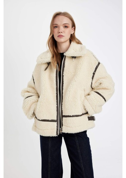 Pelüş Suni Kürk Mont Polo Yaka Fermuarlı Cepli