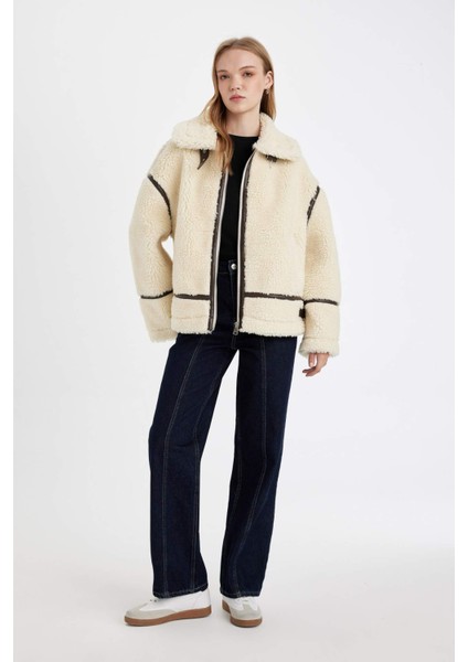 Pelüş Suni Kürk Mont Polo Yaka Fermuarlı Cepli