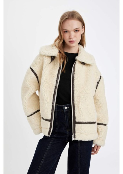 Pelüş Suni Kürk Mont Polo Yaka Fermuarlı Cepli