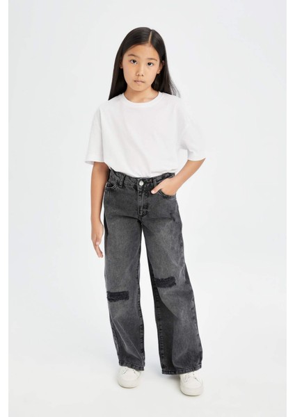 Kız Çocuk Wide Leg Jean Pantolon Yırtık Detaylı Geniş Bol Paça Cepli Antrasit D3372A824WN