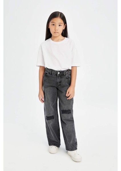 Kız Çocuk Wide Leg Jean Pantolon Yırtık Detaylı Geniş Bol Paça Cepli Antrasit D3372A824WN