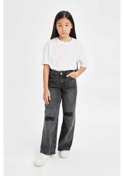 Kız Çocuk Wide Leg Jean Pantolon Yırtık Detaylı Geniş Bol Paça Cepli Antrasit D3372A824WN