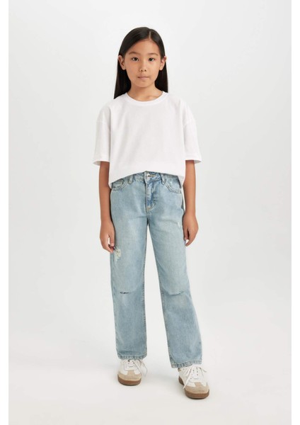 Kız Çocuk Straight Fit Yırtık Detaylı Düz Paça Cepli Jean Pantolon D3370A824WN