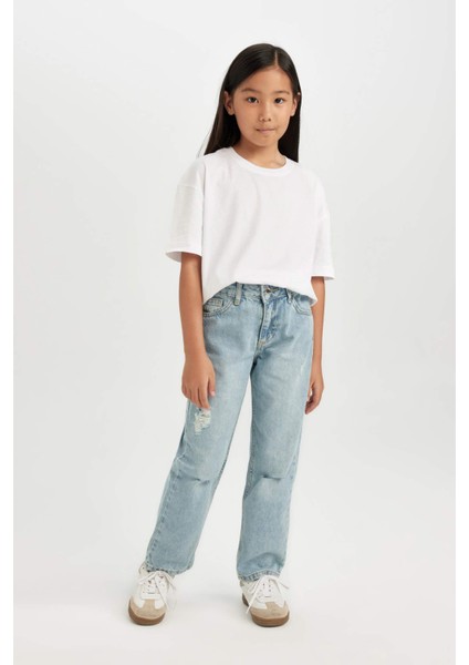 Kız Çocuk Straight Fit Yırtık Detaylı Düz Paça Cepli Jean Pantolon D3370A824WN