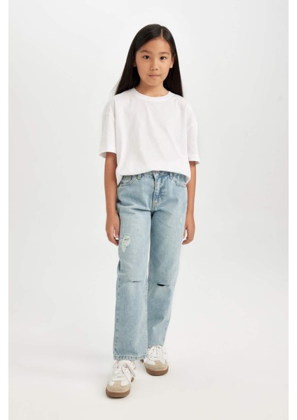 Kız Çocuk Straight Fit Yırtık Detaylı Düz Paça Cepli Jean Pantolon D3370A824WN