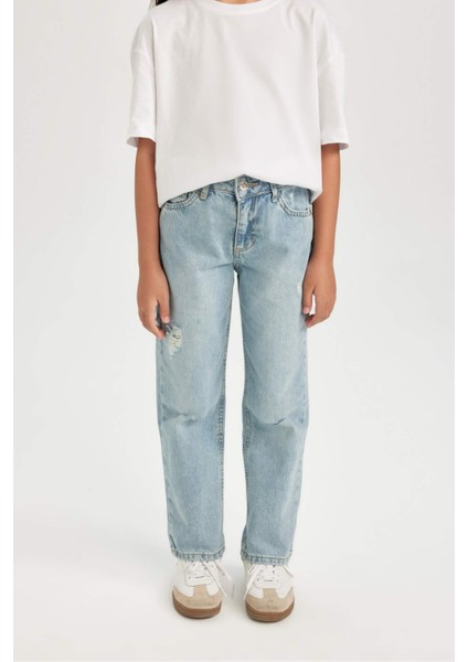 Kız Çocuk Straight Fit Yırtık Detaylı Düz Paça Cepli Jean Pantolon D3370A824WN