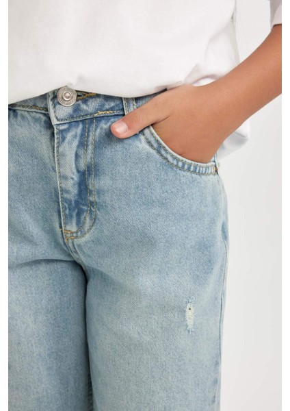 Kız Çocuk Straight Fit Yırtık Detaylı Düz Paça Cepli Jean Pantolon D3370A824WN