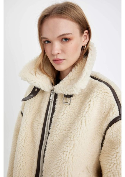 Pelüş Suni Kürk Mont Polo Yaka Fermuarlı Cepli