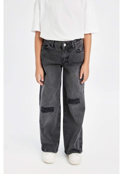 Kız Çocuk Wide Leg Jean Pantolon Yırtık Detaylı Geniş Bol Paça Cepli Antrasit D3372A824WN