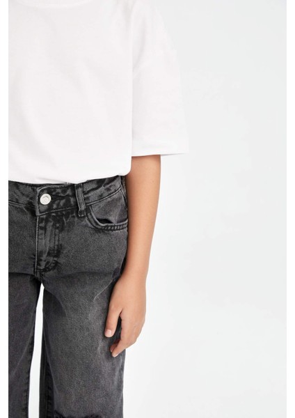 Kız Çocuk Wide Leg Jean Pantolon Yırtık Detaylı Geniş Bol Paça Cepli Antrasit D3372A824WN