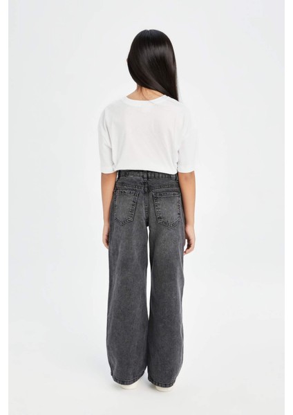 Kız Çocuk Wide Leg Jean Pantolon Yırtık Detaylı Geniş Bol Paça Cepli Antrasit D3372A824WN