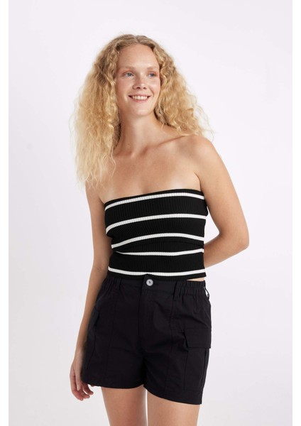 Slim Fit Dar Kesim Çizgili Straplez Bluz D4232AX24HS