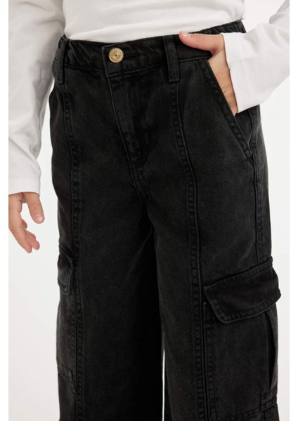 Kız Çocuk Wide Leg Kargo Cepli Geniş Bol Paça Antrasit Jean Pantolon D3383A824WN