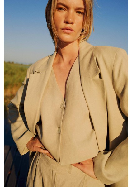 Manuka x DeFacto %100 Keten V Yaka Basic Düz Blazer Yelek D4391AX24HS