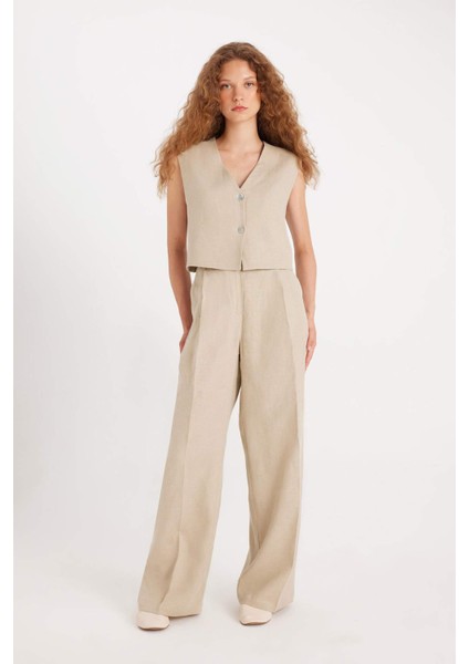 Manuka x DeFacto %100 Keten V Yaka Basic Düz Blazer Yelek D4391AX24HS