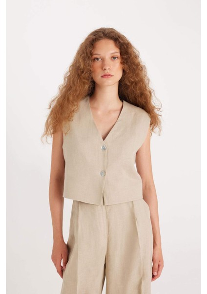 Manuka x DeFacto %100 Keten V Yaka Basic Düz Blazer Yelek D4391AX24HS