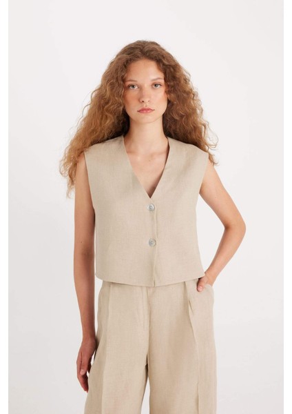 Manuka x DeFacto %100 Keten V Yaka Basic Düz Blazer Yelek D4391AX24HS