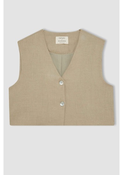 Manuka x DeFacto %100 Keten V Yaka Basic Düz Blazer Yelek D4391AX24HS