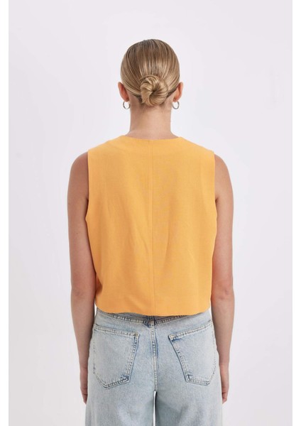 Regular Fit V Yaka Keten Karışımlı Yelek D3507AX24HS