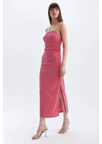 Bodycon Straplez Bürümcük Midi Abiye Elbise