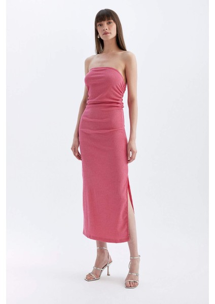 Bodycon Straplez Bürümcük Midi Abiye Elbise