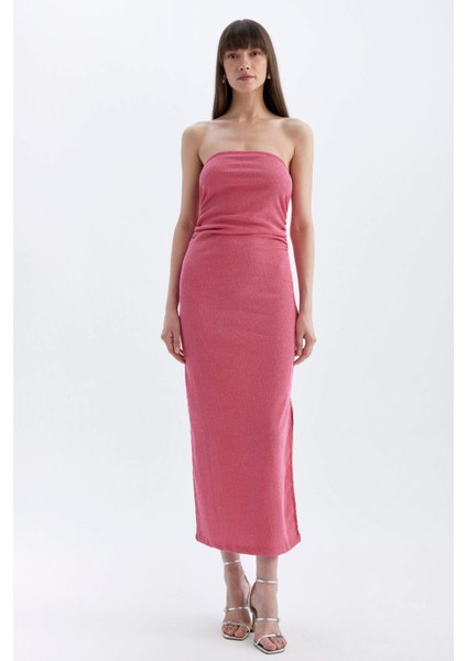 Bodycon Straplez Bürümcük Midi Abiye Elbise