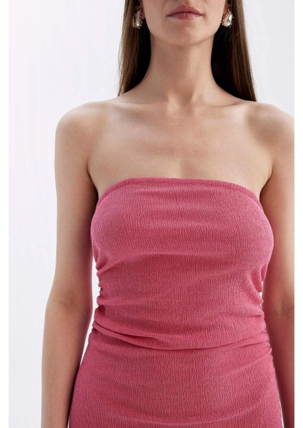 Bodycon Straplez Bürümcük Midi Abiye Elbise