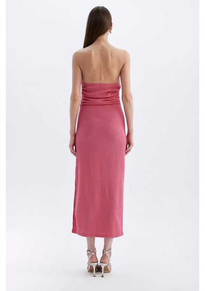 Bodycon Straplez Bürümcük Midi Abiye Elbise