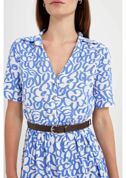 Gömlek Yaka Çiçek Desenli Kemerli Kısa Kollu Midi Elbise