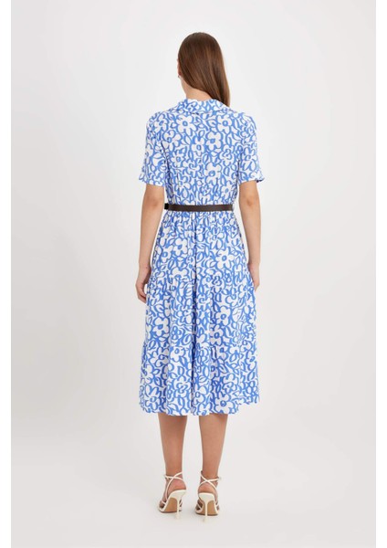 Gömlek Yaka Çiçek Desenli Kemerli Kısa Kollu Midi Elbise