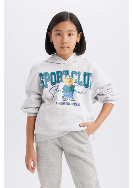 Kız Çocuk Oversize Geniş Kalıp Kapüşonlu Baskılı Sweatshirt D4382A824WN