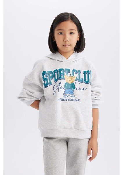 Kız Çocuk Oversize Geniş Kalıp Kapüşonlu Baskılı Sweatshirt D4382A824WN