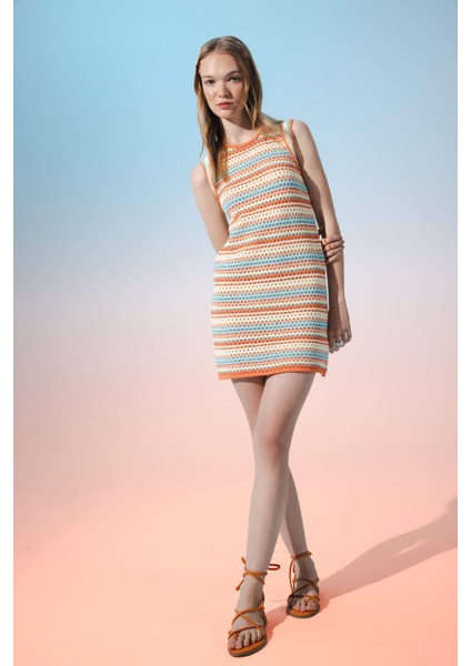 Coool Desenli Bisiklet Yaka Kroşe Kolsuz Mini Triko Elbise D4141AX24HS