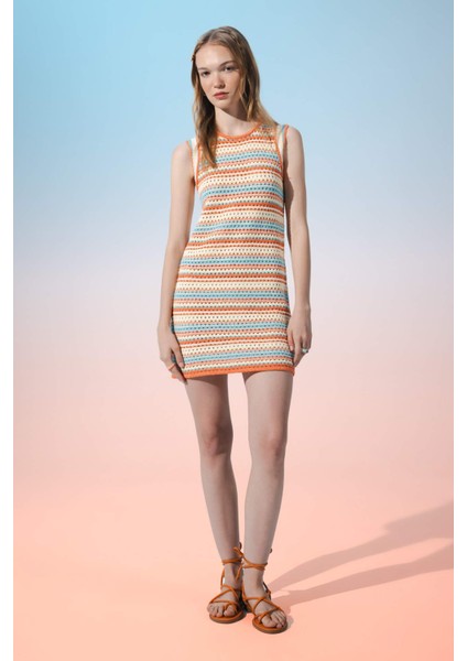 Coool Desenli Bisiklet Yaka Kroşe Kolsuz Mini Triko Elbise D4141AX24HS